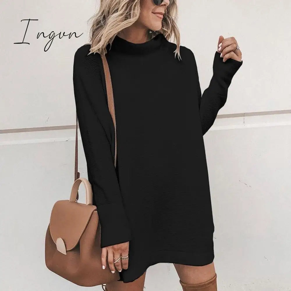 Ingvn - Fashion Dress Women Elegant Chic Solid Color Women's Dresses Office Soft Slim Dresses Female Turtleneck Woman Clothes Plus Size