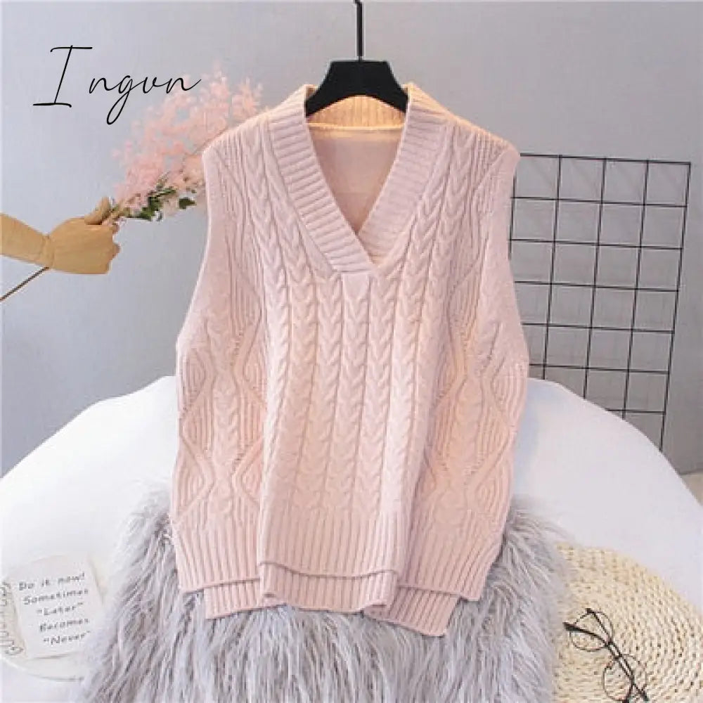 Ingvn - Autumn Women's Sweater Vest V-neck Sleeveless Irregular Casual Loose Knitted Pullover Tops Female Outerwear