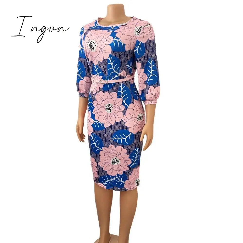 Ingvn - Women Bodycon Printed Dress Three Quarter Sleeves Midi Office Ladies Work Wear Elegant Classy Vestidos African Female Plus Size