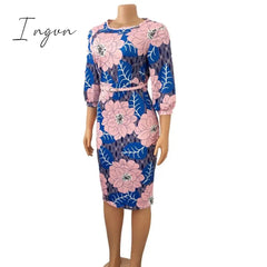 Ingvn - Women Bodycon Printed Dress Three Quarter Sleeves Midi Office Ladies Work Wear Elegant Classy Vestidos African Female Plus Size