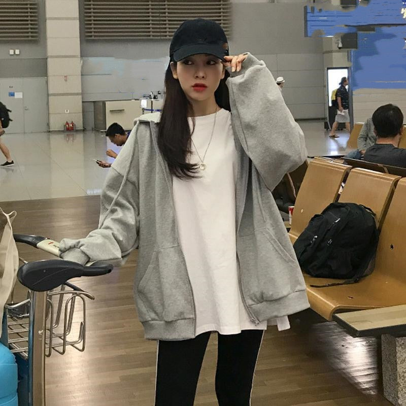VOGUABLE  Women Hoodies Harajuku Korean Version Zip Up Loose Oversized Sweatshirts Casual Solid Color Long Sleeve Hooded Sweatshirt Coats