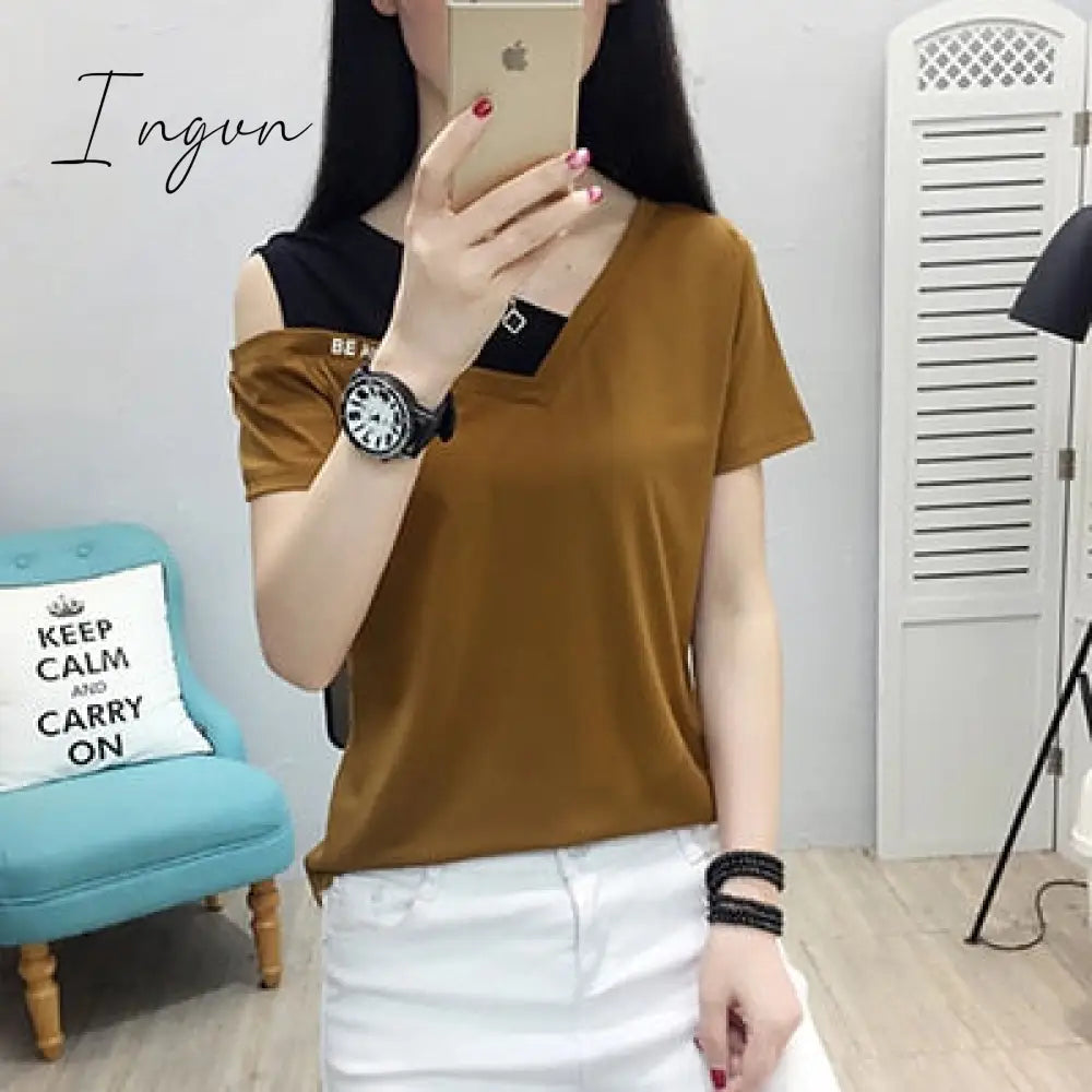 Ingvn - Fake Two Piece Tops Women T-Shirt Off Shoulder Tshirt Short Sleeve V-Neck Korea Fashion Summer Cotton Tee Shirt Femme