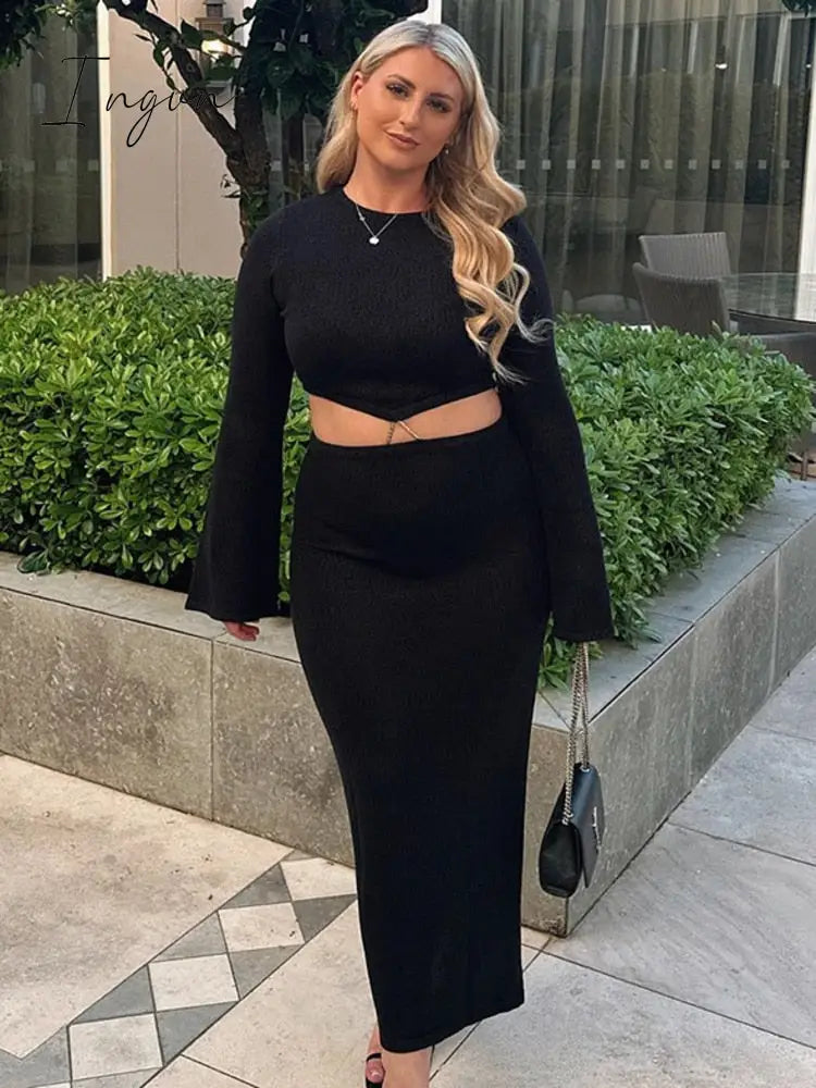 Ingvn - Autumn Long Sleeve Knit Maxi Dress Women O Neck Fake Two Piece Set Sweater Dresses Female Casual Bodycon Dress Knitwear