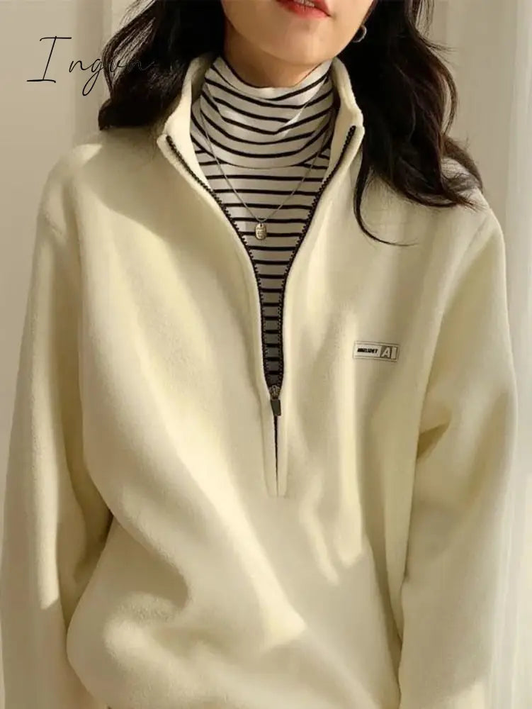 Ingvn - Korean Warm Fleece Hoodies Women Casual Kpop Fashion Plus Velevt Sweatshirt Top Autumn Winter