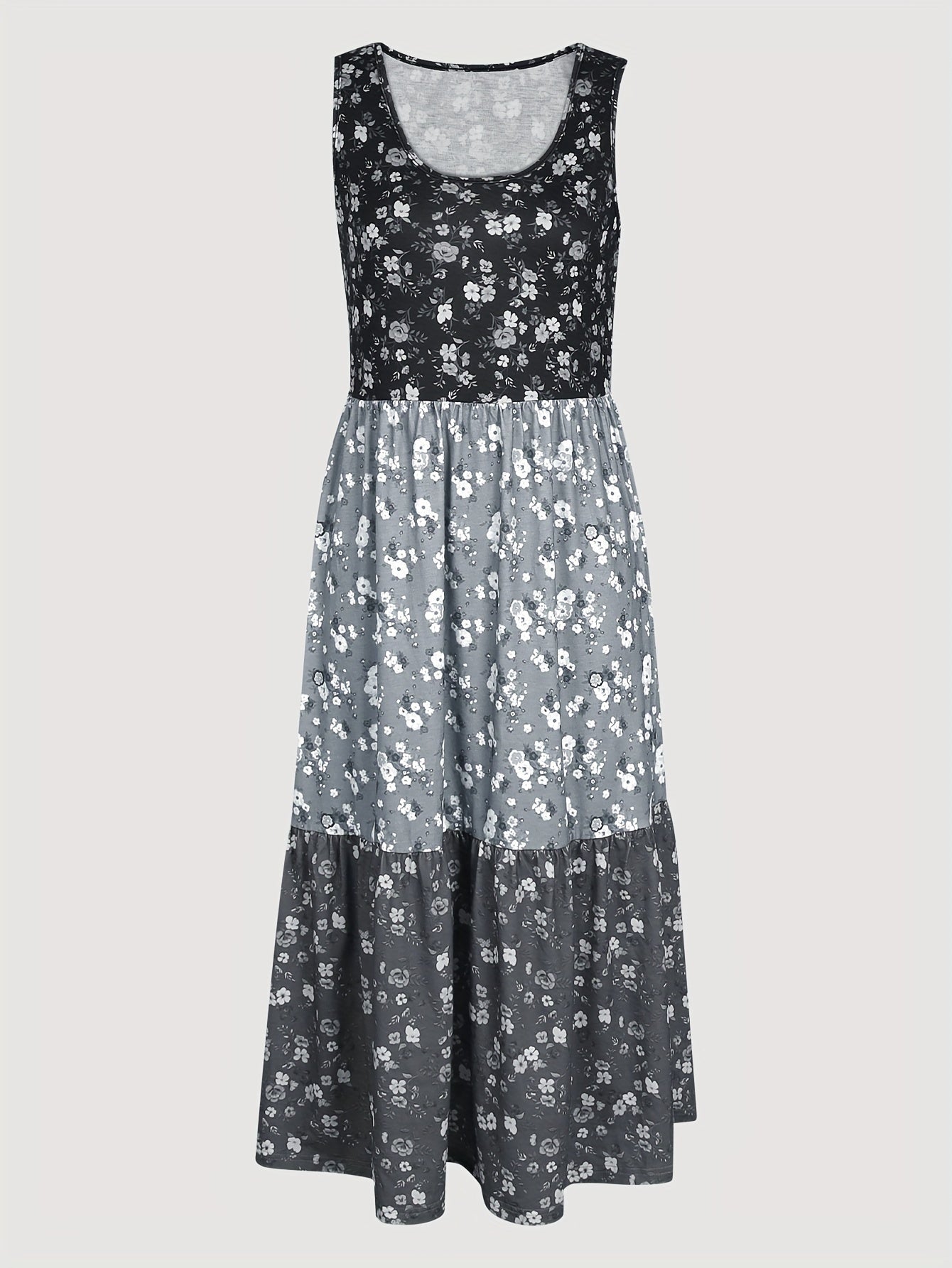 Fashionable Color Block Floral Print Tank Dress - Stylish Crew Neck, Flouncy Tiered Ruffles, Sleeveless - Versatile Casual Womens Summer Wear