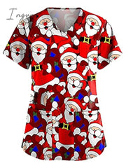 Ingvn - Christmas Scrub Tops Women Christmas Printing Short Sleeve V-Neck Working Uniform with Pocket Pullover Red 3X-Large