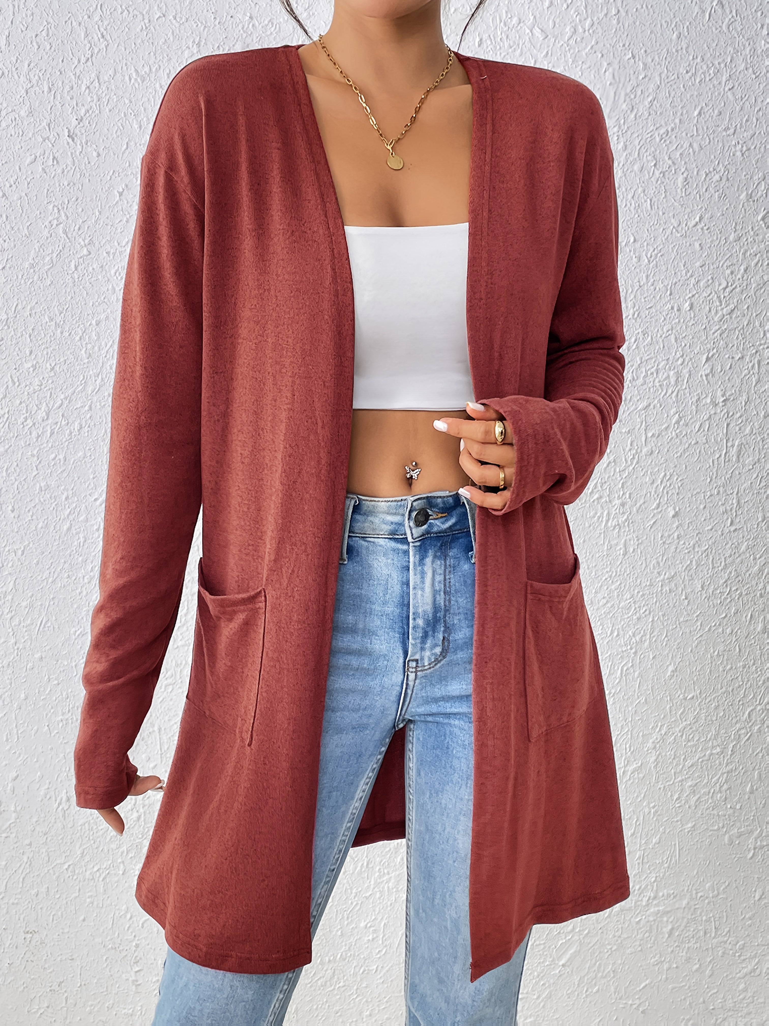 Dual Pockets Open Front Cardigan, Stylish Solid Color Long Sleeve Cardigan For Spring & Fall, Women's Clothing