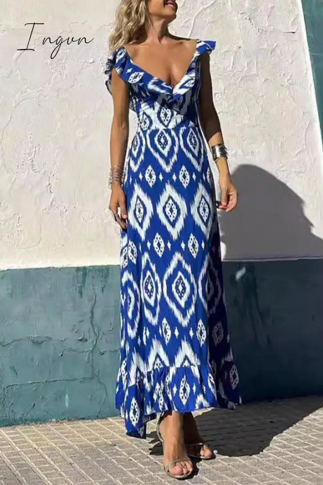 Sexy Geometric Print Flounce V Neck A Line Dresses