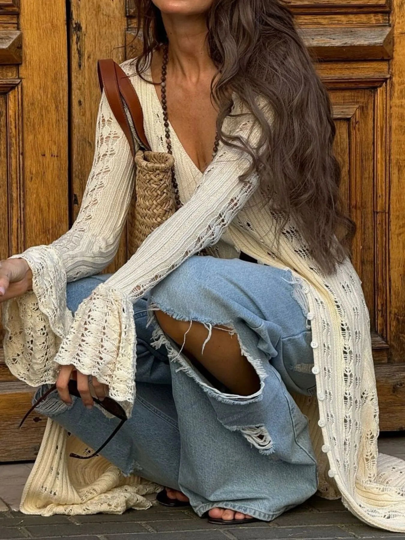 Ruffled Hem Openwork Longline Cardigan