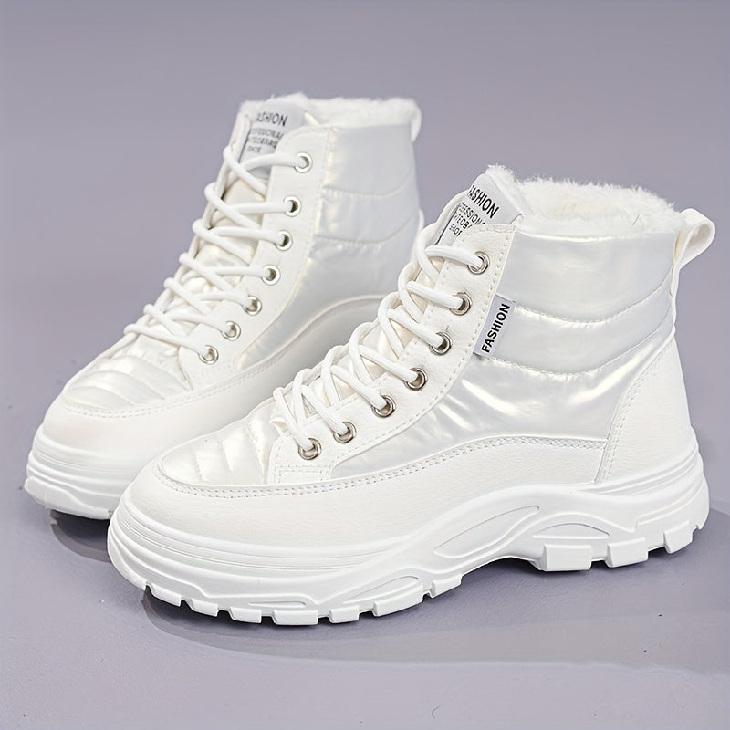 Women'S Winter Thickened Snow Boots High Top Platform Ankle Boots with Warm Fleece Lining, Solid Color, Round Toe, Low Heel, Fabric Insole, Polyurethane PU, Rubber Sole, Hand Washable