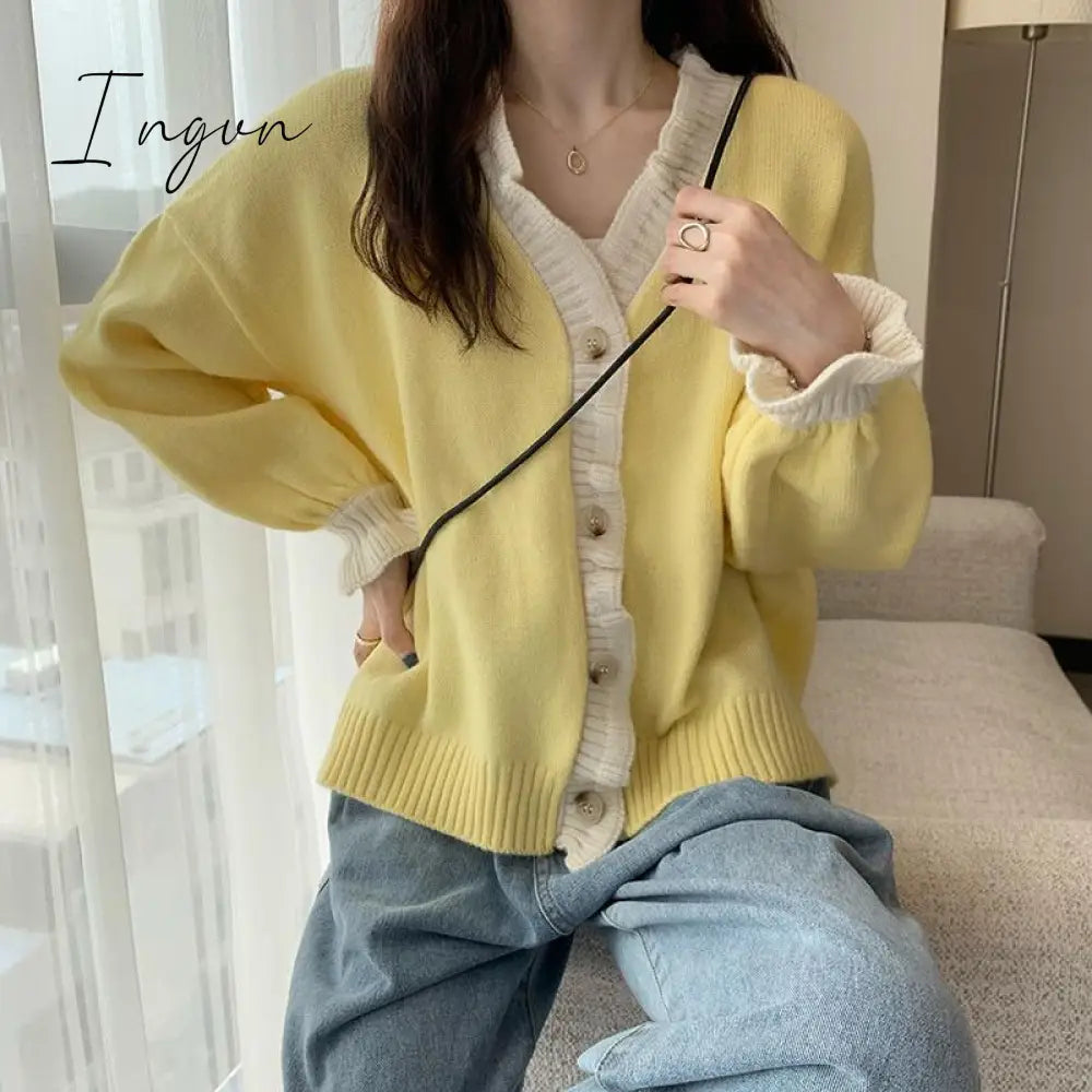 Ingvn - Spring Autumn New Women's Clothing Sweet V-Neck Knitted Cardigan Korean Fashion Buttons Long Sleeve Ruffles Sweaters Female