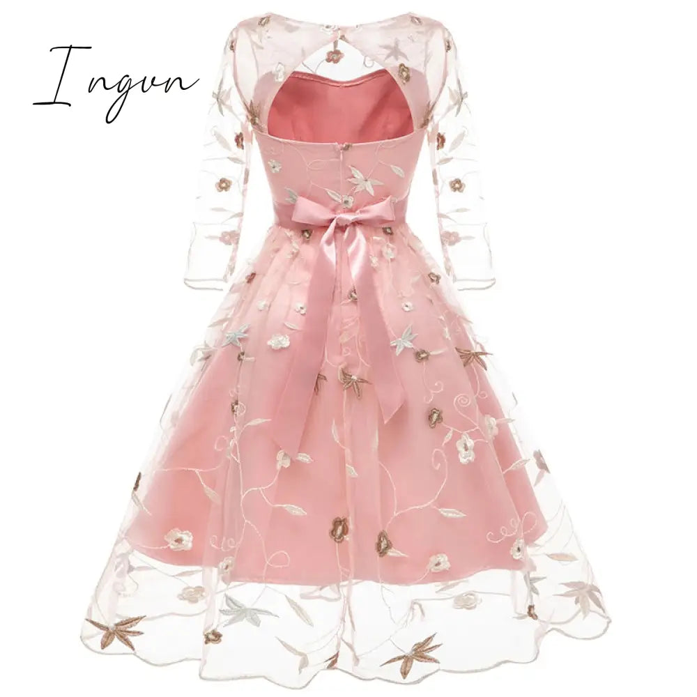 Ingvn - Spring Outfits New Summer Floral Print Embroidery Tulle Female Dress Sweet Elegant High Waist Lace Up A-line Mesh Women Dresses 2XL