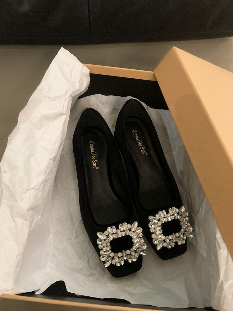 High-grade Rhinestone Shallow Mouth Shoes Women's Elegant Shallow Mouth Spring and Autumn New All-match Square-toe Flat Bean Shoes