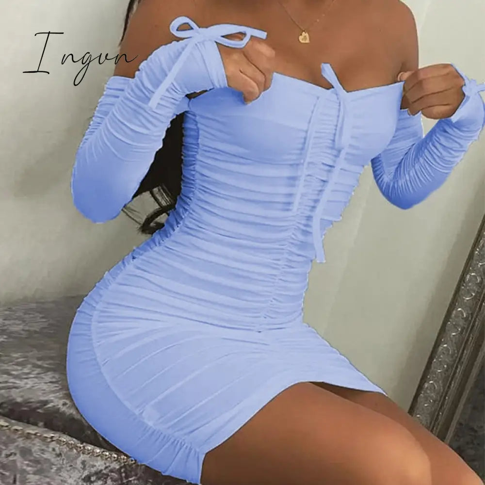 Ingvn - Summer New Sexy Off Shoulder Long Sleeve Pleated Lace Up Tight Mini Short Women's Dress