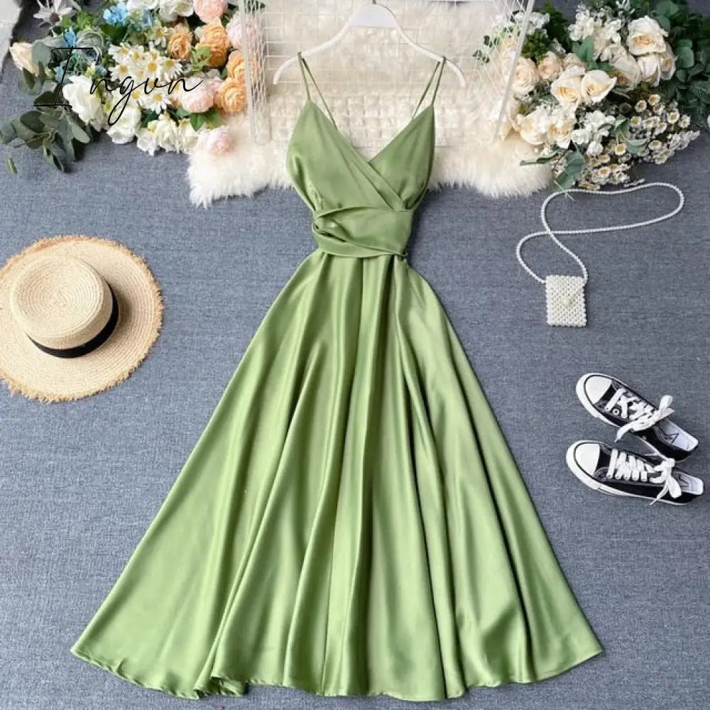 Ingvn - New Summer Women Sexy V Neck High Waist A-line Party Tank Sundress Elegant Bandage Bow Long Dress Vestidos Multicolour