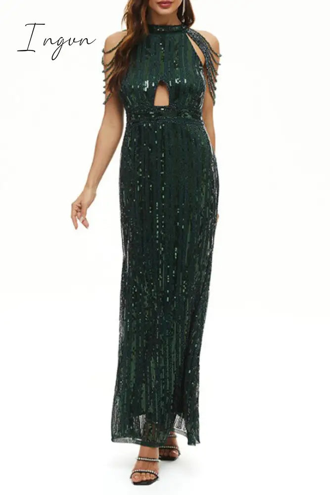 Ingvn - Celebrities Elegant Solid Sequins Patchwork O Neck Evening Dress Dresses