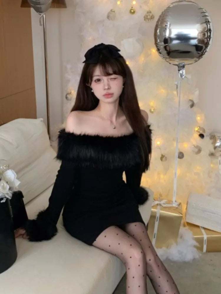 Y2K Sweet Mini Dress Kawaii Off Shoulder Slash Neck Faux Collar Christmas Birthday Party Dresses Slim Vestidos Female Clothing