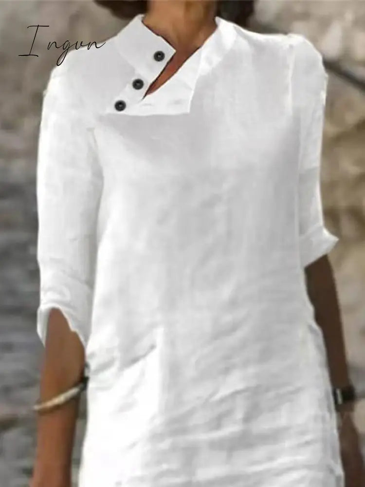 Ingvn - Women's Cotton Linen Dress Casual Dress Shift Dress Midi Dress Cotton Blend Fashion Basic Outdoor Daily Vacation Stand Collar Button Half Sleeve Summer Spring 2023 Black White Blue Plain S M L