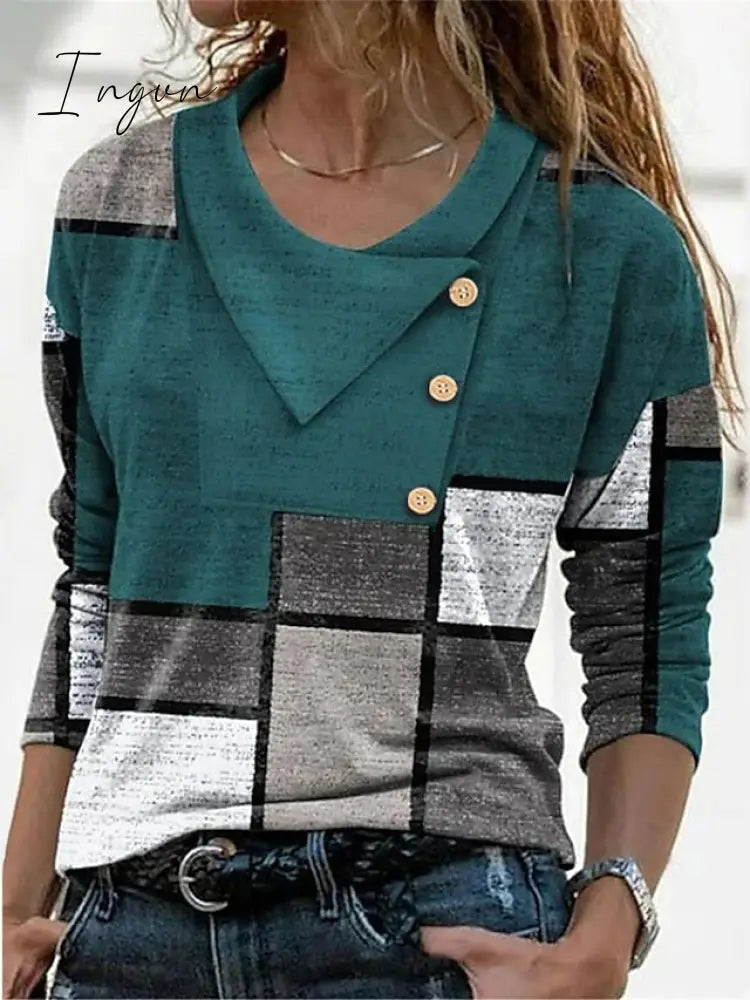 Ingvn - Women's T shirt Tee Red Navy Blue Blue Geometric Abstract Button Print Long Sleeve Casual Weekend Basic Pile Neck V Neck Geometric Painting