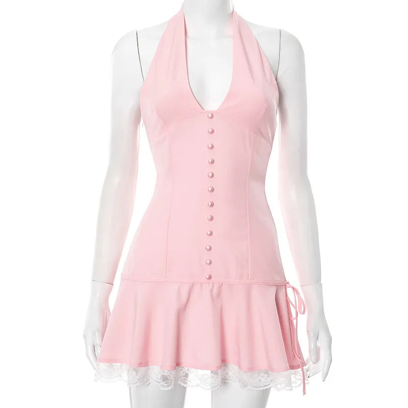 Halter Backless Sexy Mini Dress Women Robe Summer New Lace Patchwork Sleeveless V Neck High Waist Ruffled Dress