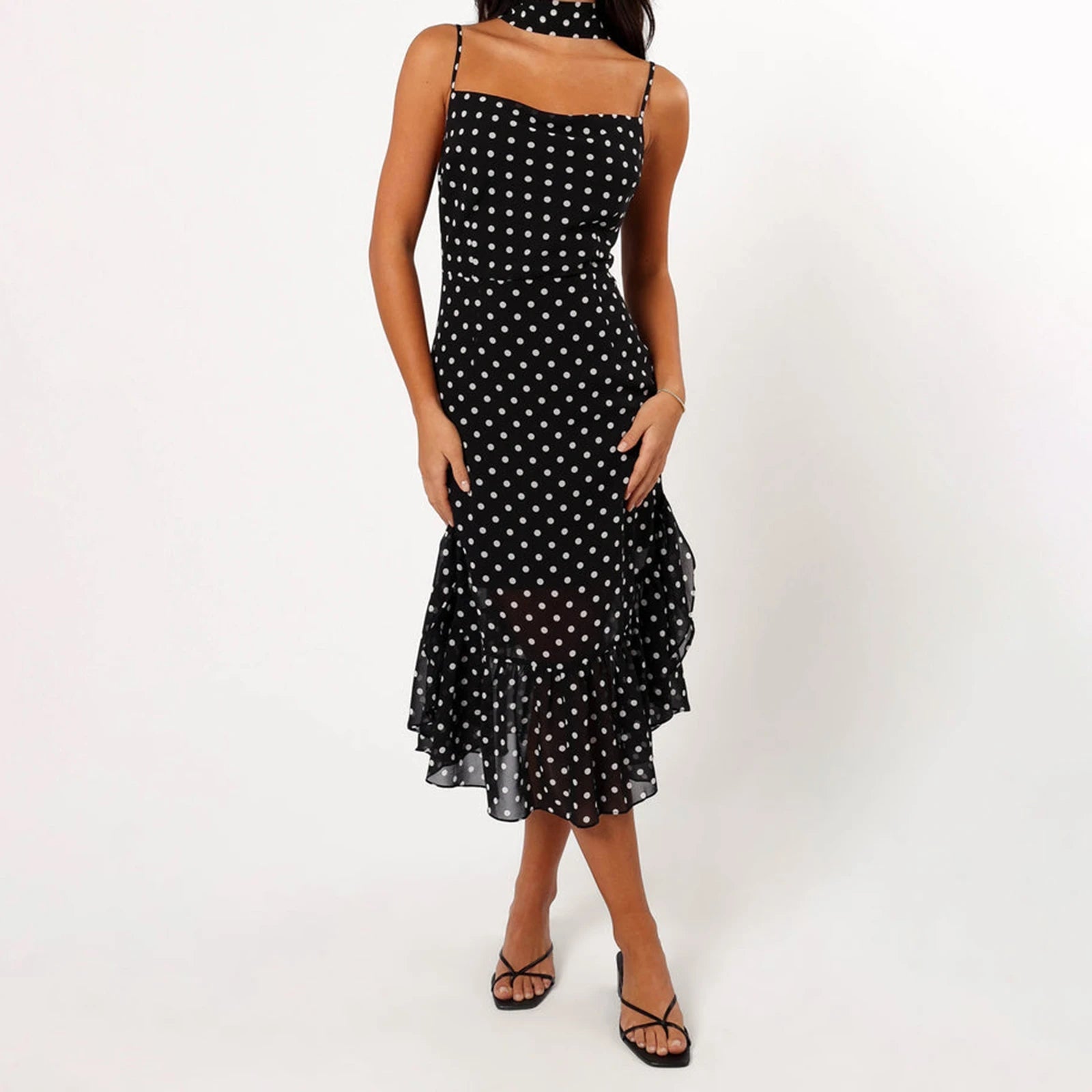 Women Summer Spaghetti Strap Dress Casual Dot Print Ruffle Party Dress and Scarf for Vacation Beach Streetwear