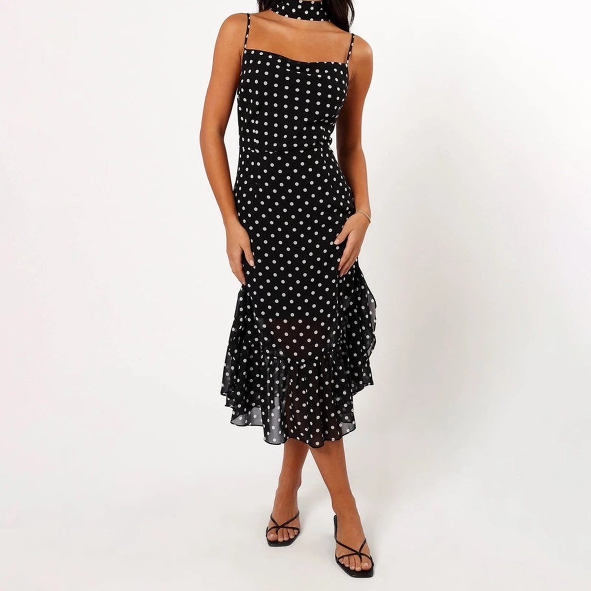 Women Summer Spaghetti Strap Dress Casual Dot Print Ruffle Party Dress and Scarf for Vacation Beach Streetwear