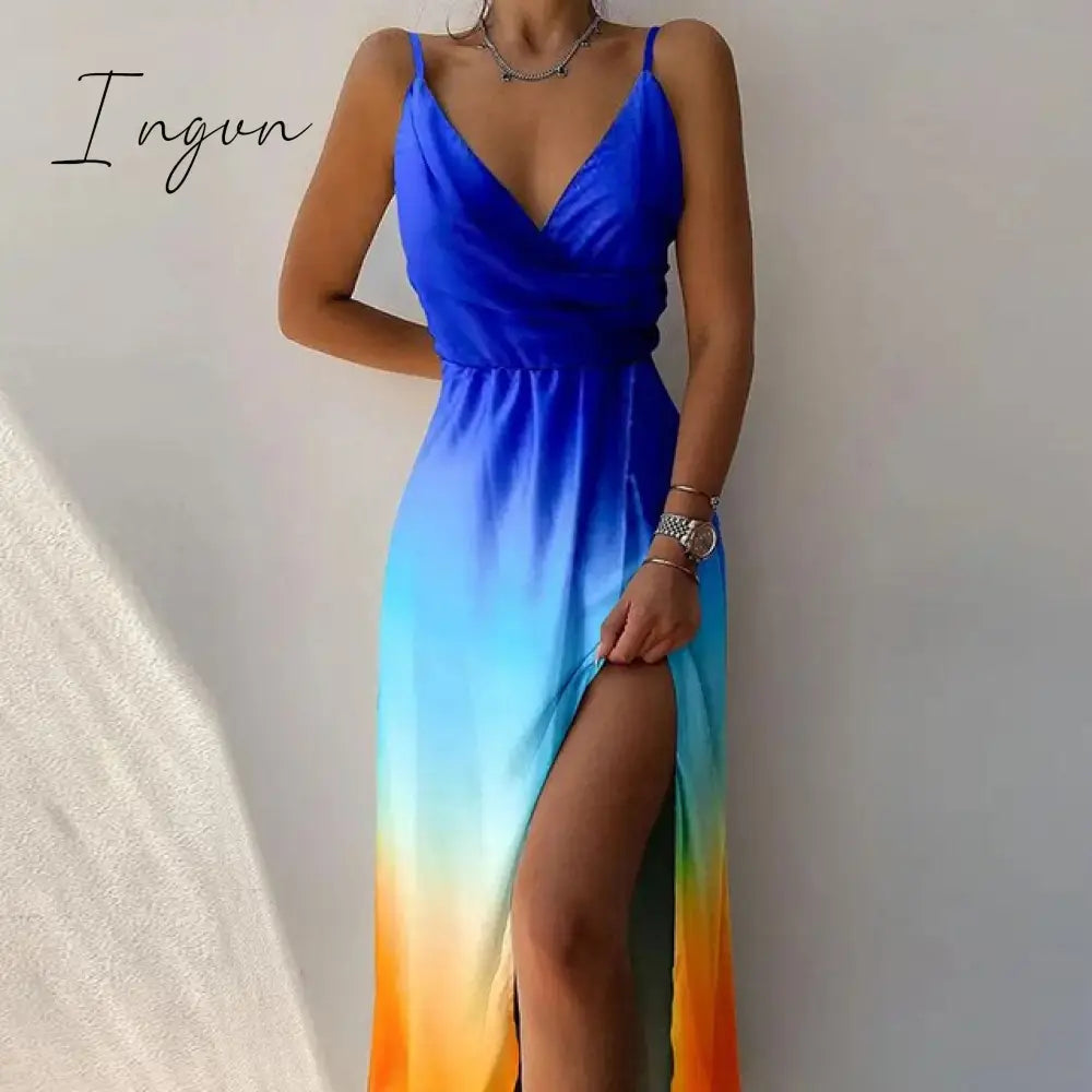 Ingvn - Sexy High Split Up Long Dress For Women Summer Print Party Dress Sleeveless Slip V Neck Elegant Dresses Ladies Evening Robe
