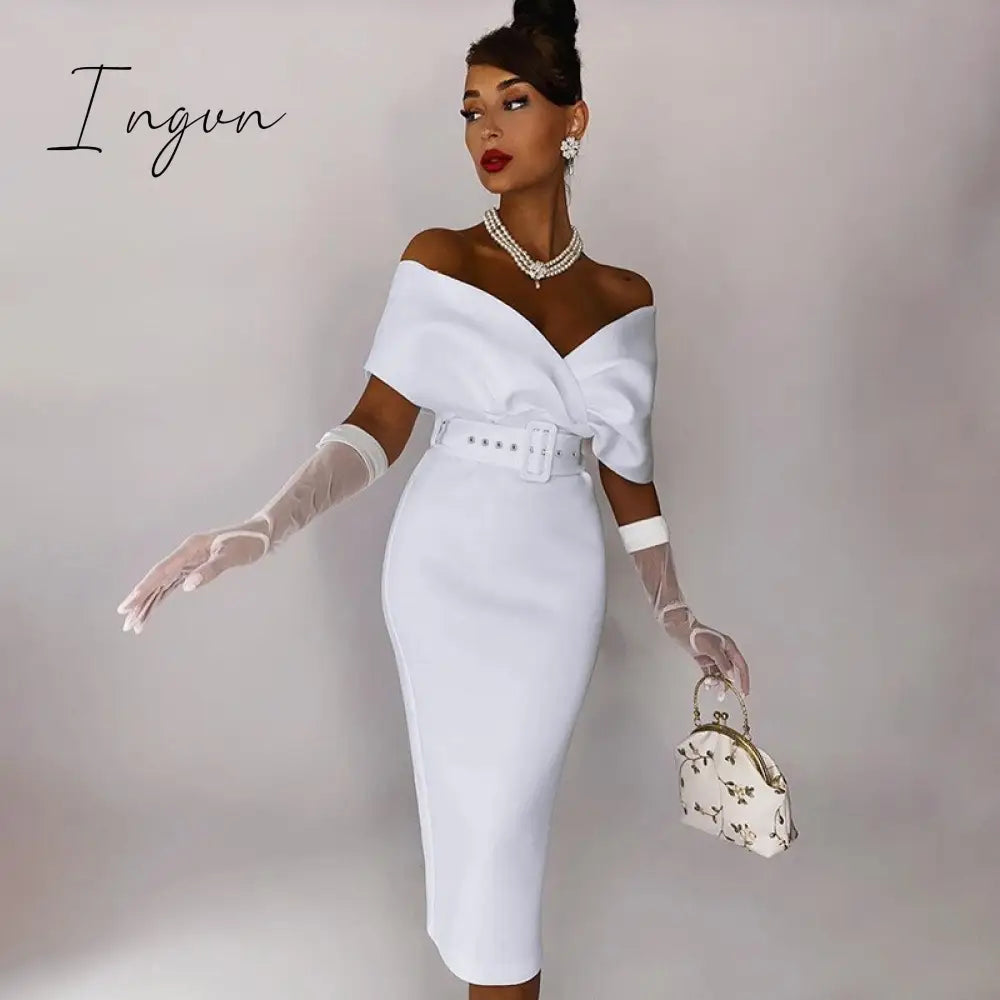 Ingvn - Women Sexy Elegant Off The Shoulder Dresses Autumn Summer Vintage Streetwear Club Party Female V-Neck Dress With A Belt