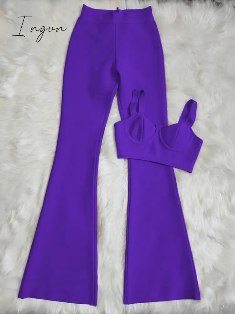 Ingvn - Set 2 Pieces Strap Sleeveless Bustiers And Long Bell-Bottoms Trousers Sexy Celebrity Party Sheath Vestidos  Dobanmbd