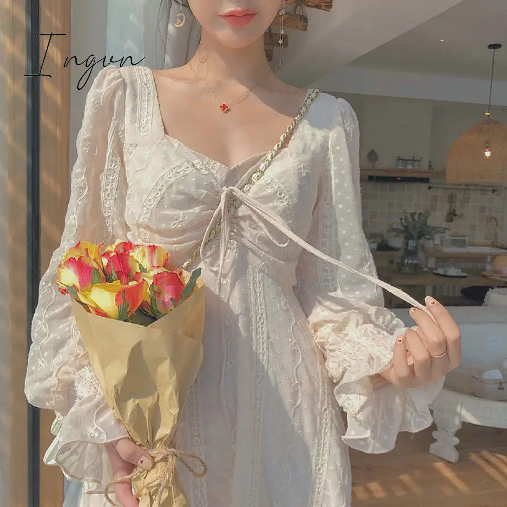 Ingvn - Vintage Fairy Dress Women Elegant Designer Chiffon Dress Long Sleeve French Party Midi Dress Casual Women's Clothing Autumn