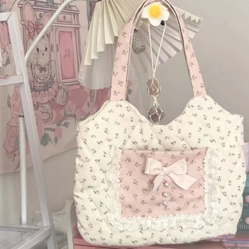 INGVN  Korean Fairy Flower Print Women's Handbags Sweet Y2k Aesthetic Fashion Chic Underarm Bag Contrast Color Kawaii Bow Shoulder Bags