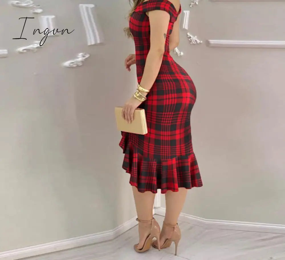 Ingvn - Women Plaid Off Shoulder Ruffle Hem Slit Dress Party Sexy Dress Elegant Fashion Dress