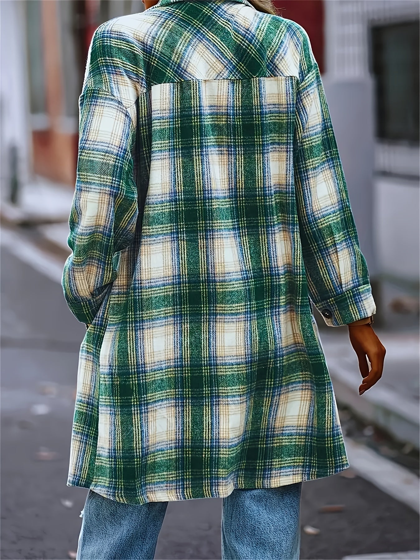 Classic Mid-Length Buffalo Plaid Shirt Jacket with Functional Pocket, Chic Turndown Collar, and Contrasting Buttons
