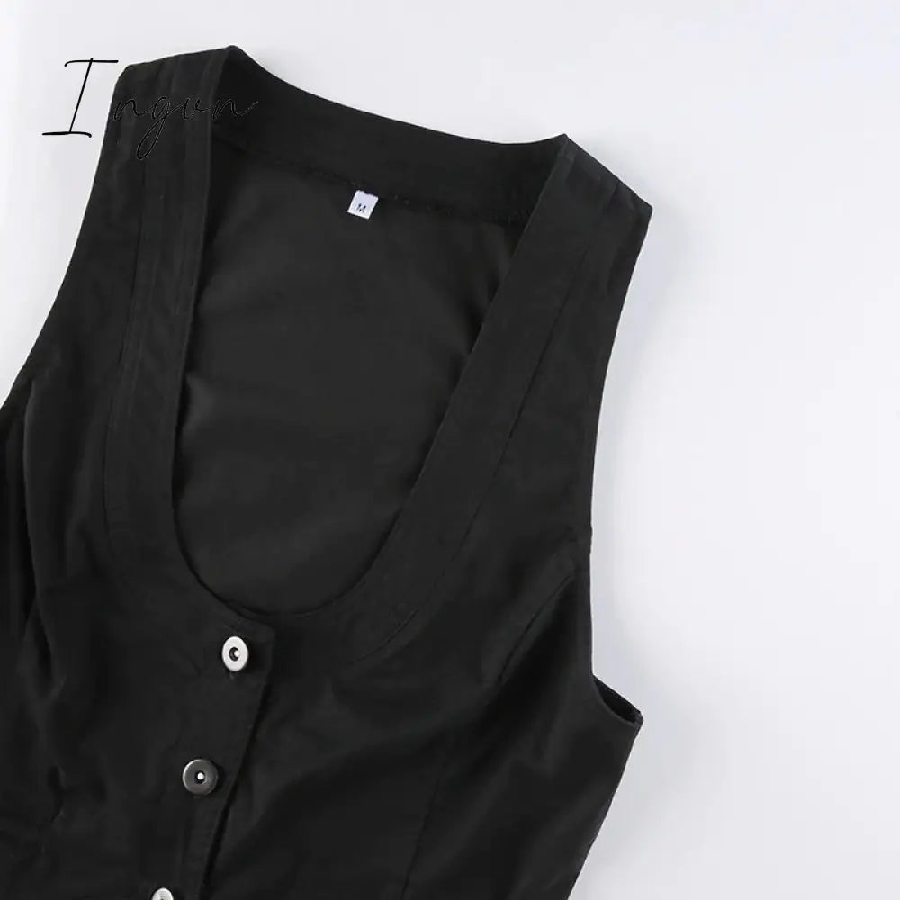 Ingvn - y2k Button Corset Top Black Sleeveless Tank Tops Skinny V Neck Aesthetic Punk Crop Top Grunge Fairycore Women Vests