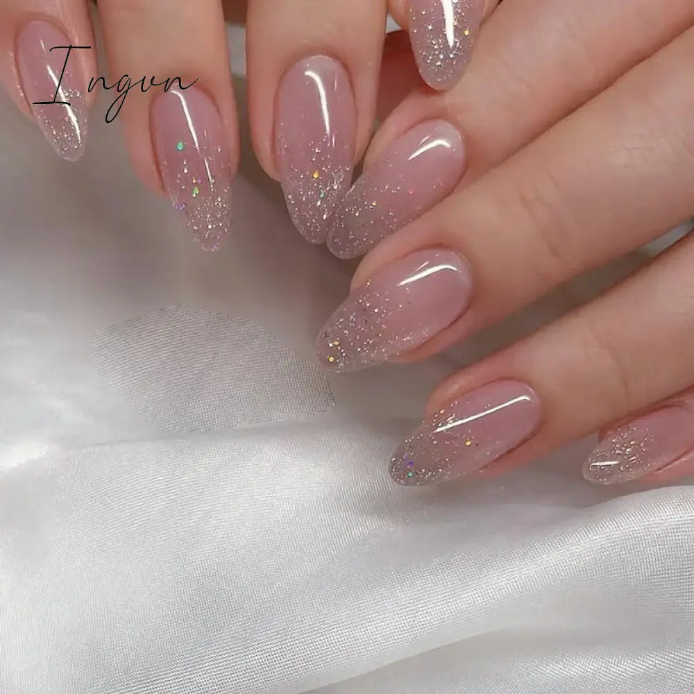 24pcs Short Glitter Purple False Nails  Almond Stiletto French Wearable Fake Nails Art Artificial Full Cover Press on Nail Tips