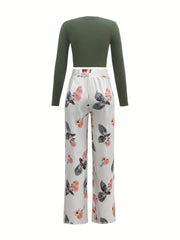 Chic Womens Two-Piece Set - Soft Solid Top with Flowing Floral Pants - Casual Wide Leg Outfit for Everyday Style