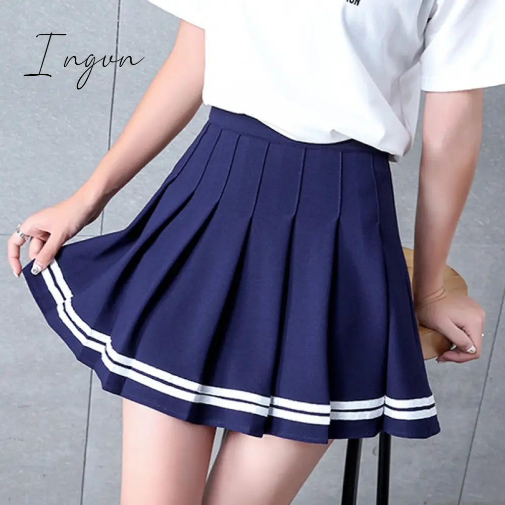 Ingvn - Y2k Summer Korean Fashion Short Women Skirt Casual Slim Elastic High-Waisted Striped Harajuku Pleated Plaid A-Line Mini Skirts