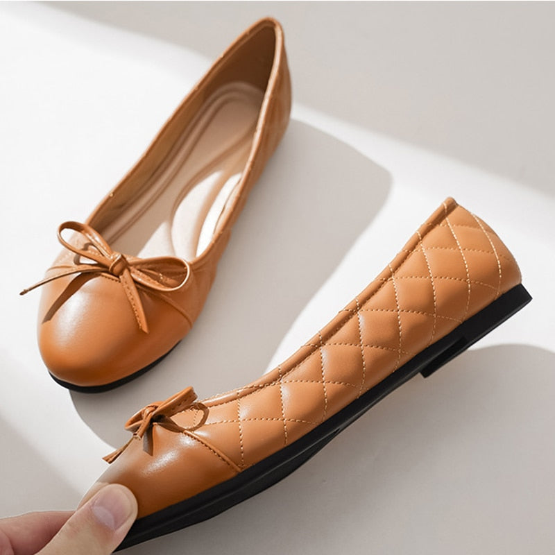 Black Ballet Flats Shoes Women Spring Quilted PU Leather Slip on Ballerina Luxury Round Toe Ladies Dress Shoes Zapatos De Mujer