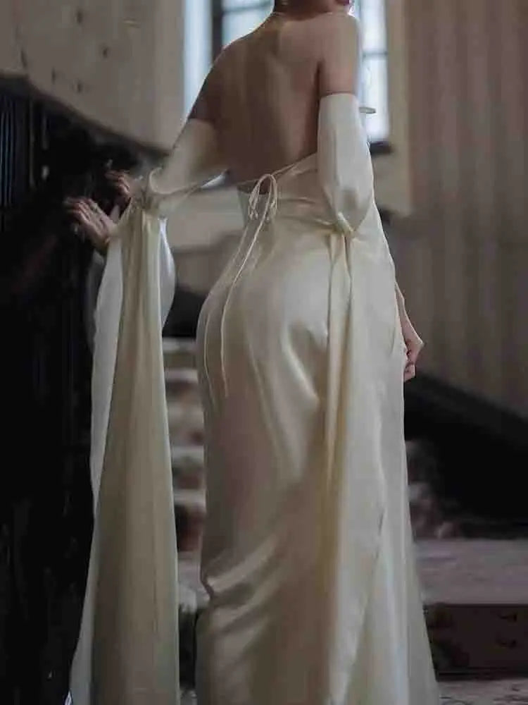 Elegant Korean Silk Midi Dress Women Spring Vintage Backless Party Dress French Evening Casual Dress Female Design Wedding