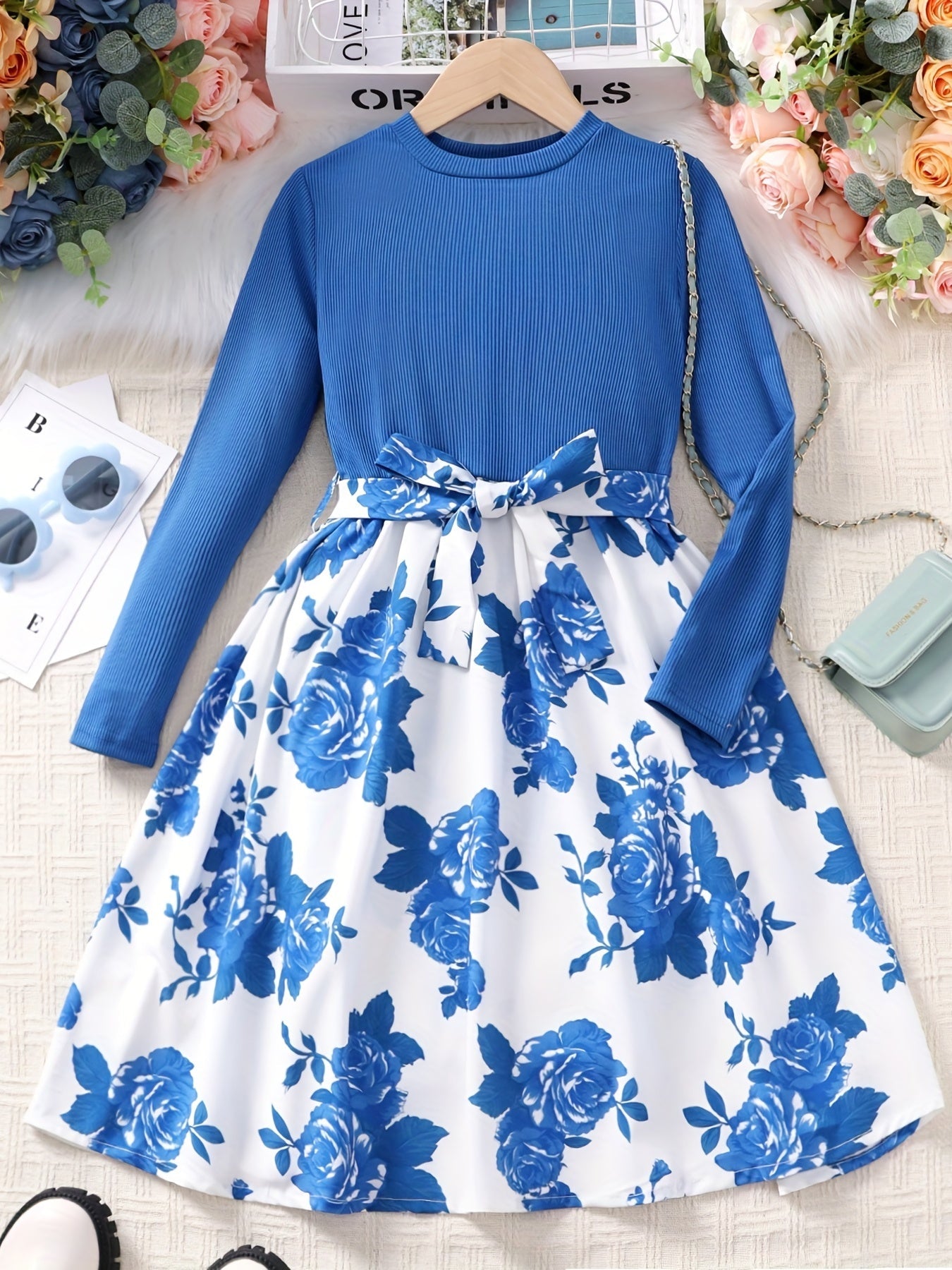 Adorable Floral Belted Dress for Girls - Long Sleeves, Round Neck, Splicing Design, Party-Perfect, Spring Collection, Kids' Clothing