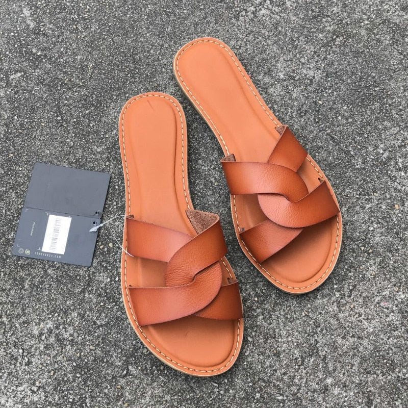 Summer Women Sandals Shoes Summer Style Fashion PU Leather Interlocking Surface Female Slippers Solid High Quality Woman Slides