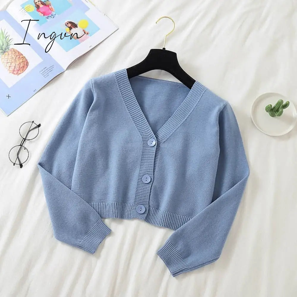 Ingvn - Spring Newly Green Cropped Cardigans Women Loose Ladies Short Knitted Sweaters Long Sleeve V neck Solid Chic Streetwear