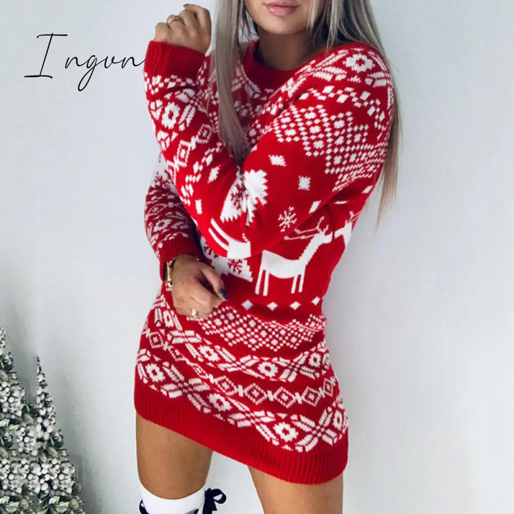 Ingvn - Fashion Autumn Winter Long Sleeve Loose Christmas Dresses Ladies Christmas Print A-line Mini Dress tops New Women