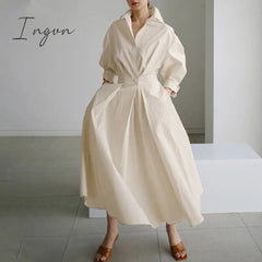 Ingvn - Elegant Women Spring Autumn Sundress Fashion Lapel Neck Long Sleeve Solid Long Shirt Dress OL Vestidos Robe Femme 5XL Long Dress