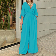 Ingvn - Women Jumpsuit Summer Short Bat Sleeve V Neck Backless Nipped Waist Loose Wide Legs Casual Pants Romper High Streetwear