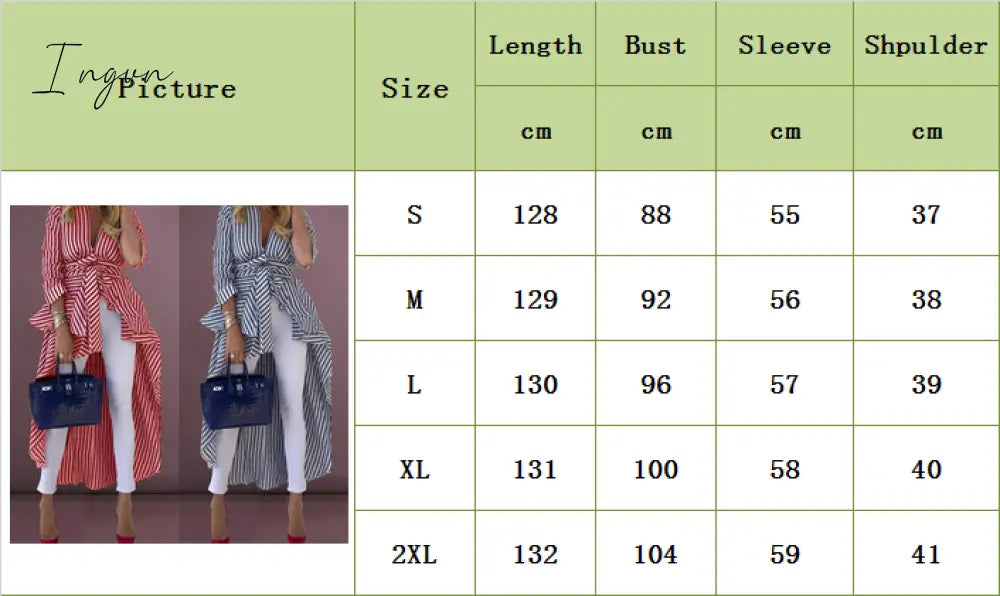 Ingvn - High Street Women Stripe Shirts Long Sleeve V-neck Loose Tops Blouse Striped Tied Front Dip Hem Shirt With Belt Long Shirts