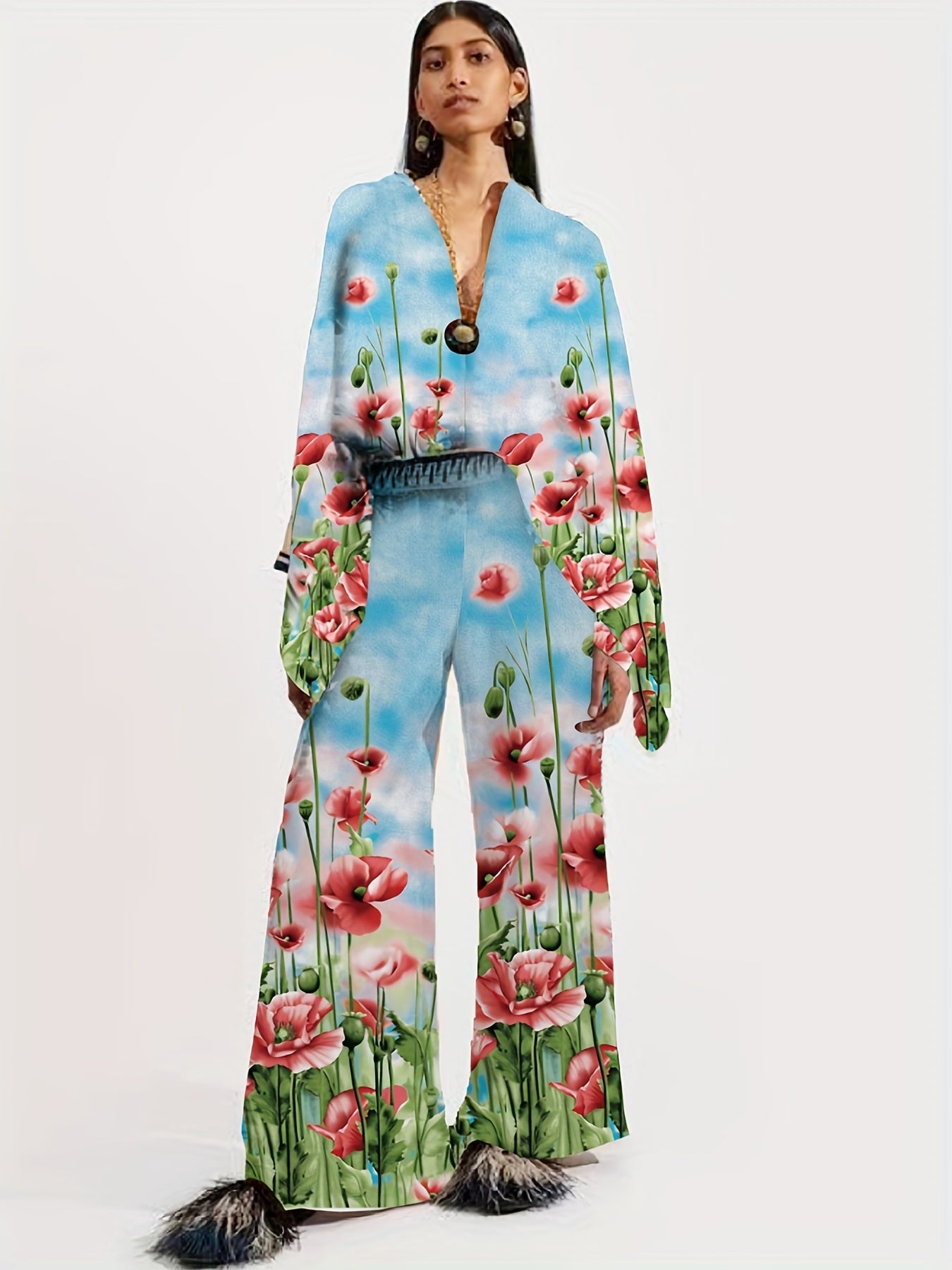 Two-piece Set, Long Sleeve Ethnic Print High Waist Wide Leg Pants Outfits, Button Front Blouse Women's Clothing
