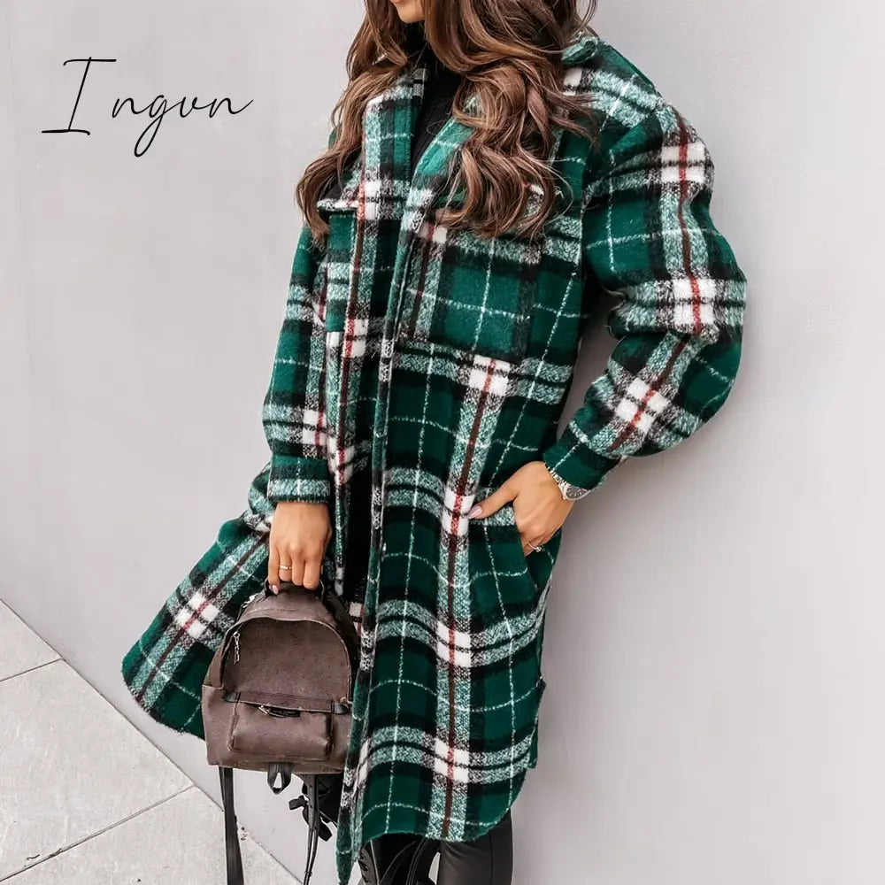 Ingvn - Lapel Single-breasted Double-pocket Plaid Coat