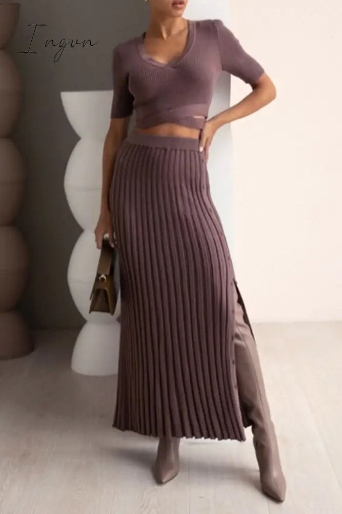 Ingvn - Elegant Solid Slit V Neck Short Sleeve Two Pieces