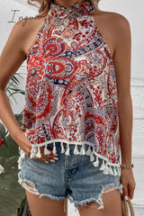 Ingvn - Bohemian Vintage Geometric Print Tassel Asymmetrical Halter Tops